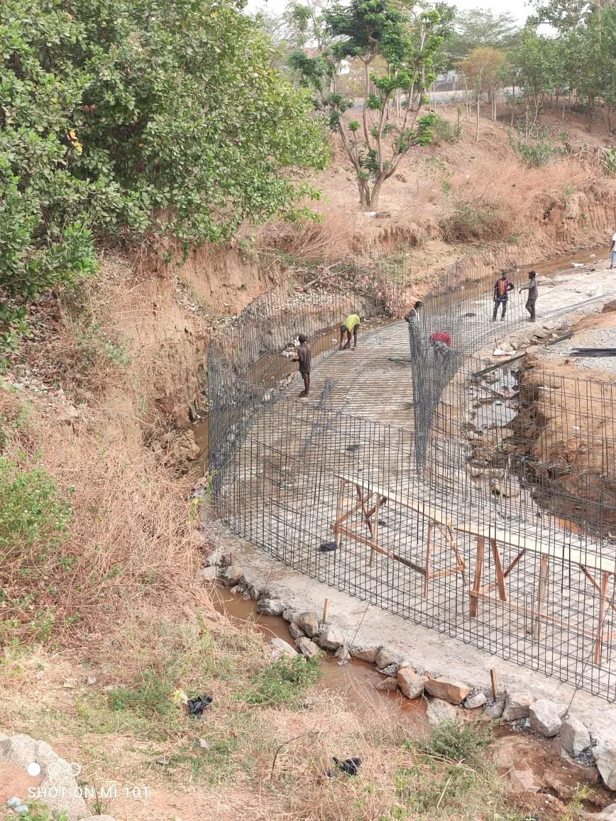 Curved channel reinforcement following the line of a gully between trees